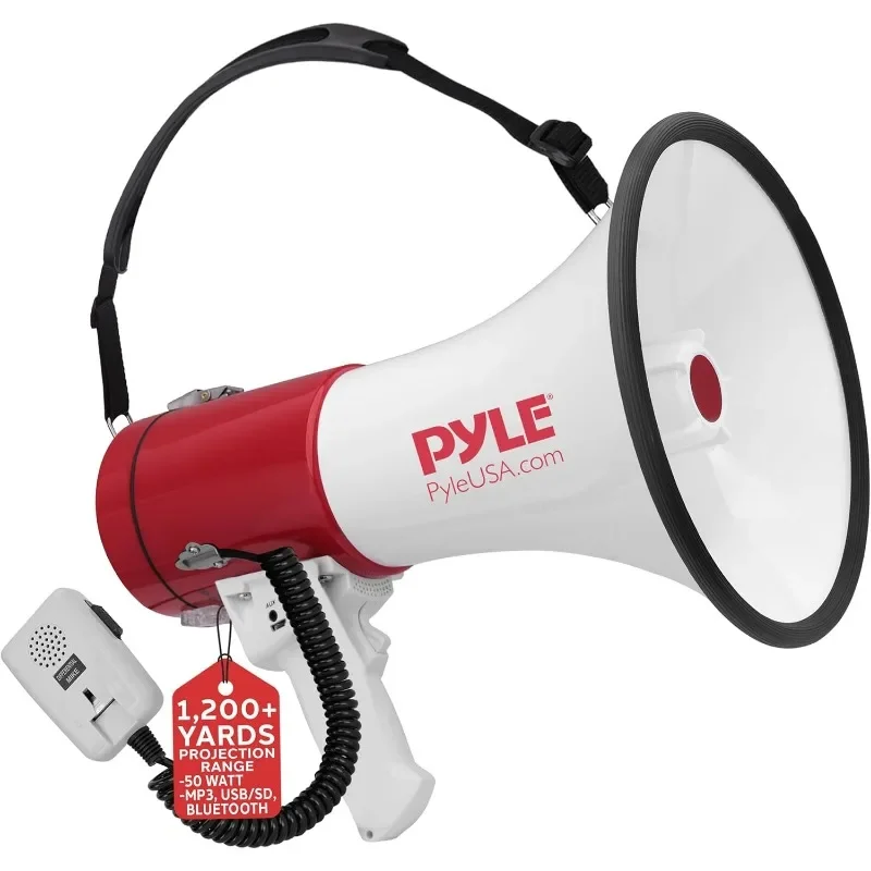 

Portable Megaphone Speaker PA Bullhorn-Built-in Siren, 50W Adjustable Volume Control &1200 Yard Range-Ideal for Any Outdoor