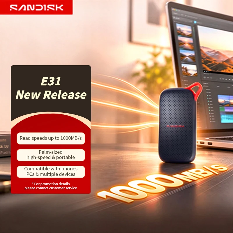 SanDisk 2TB 1TB 500GB Portable SSD 1000MB/s Read for AI Content Creation USB 3.2 Gen 2 External SSD with 2m Drop Protection