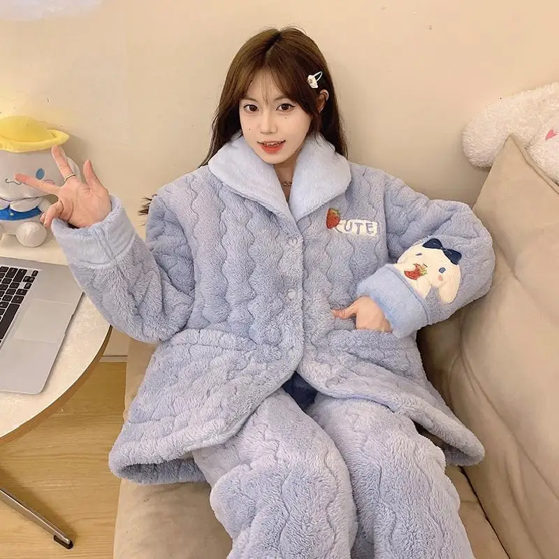 Sanrio Flannel Flip Collar Thickening Three Layer Cotton Pajama Set Kawaii Cinnamoroll Comic Winter Keep Warm Home Clothes New