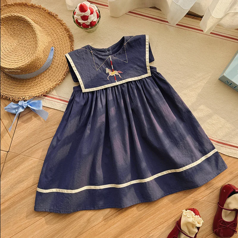 

Imported wooden horse embroidery navy style girls' dress2026Summer-style college-style collared sleeveless cotton dress for chil