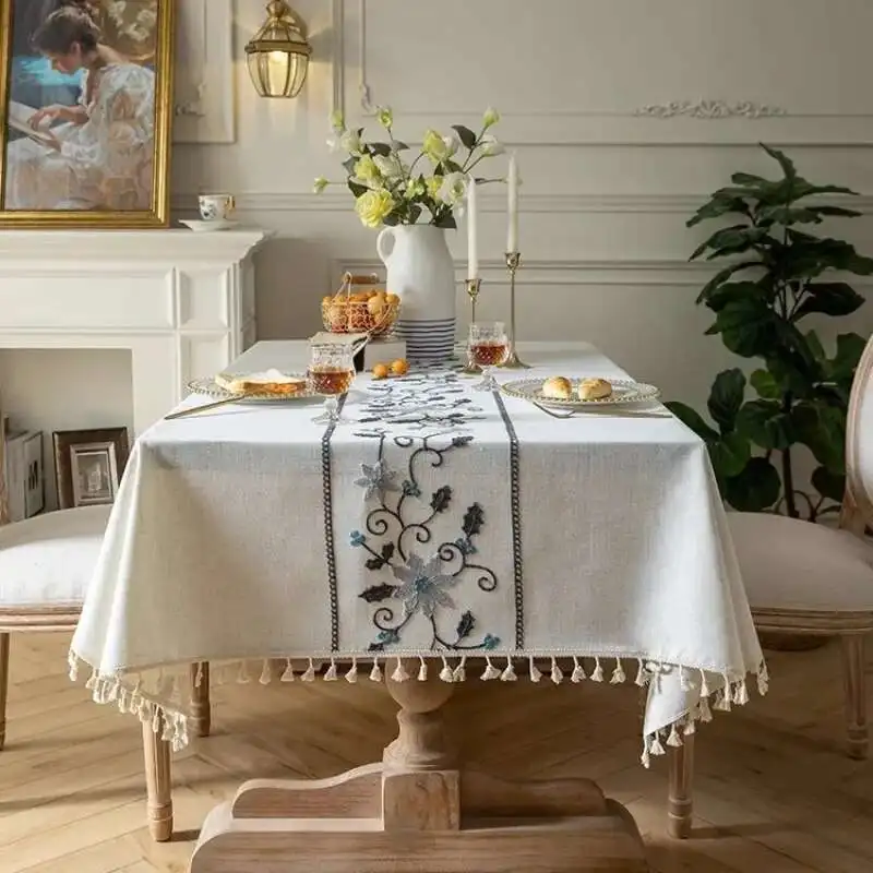 Three Dimensional High-end Embroidered Dining Table Cloth Rectangular Coffee Table Cloth Tablecloth Nordic Cotton Linen Light