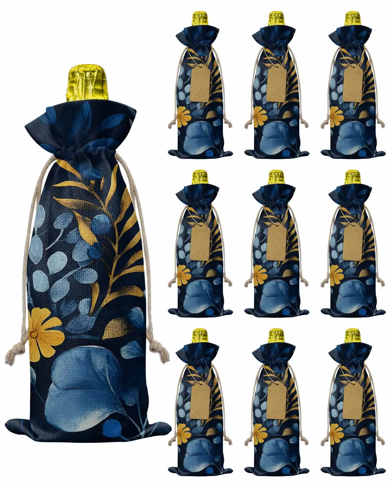 

10pcs Wine Bottle Covers Retro Blue Plant Wine Holder Carrier Packaging Bag Wedding Party Decor Gift