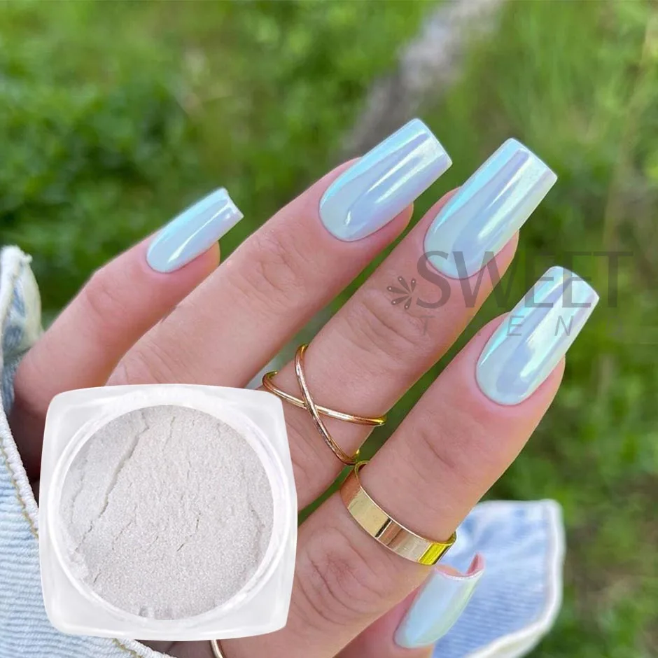 7 قطعة أورورا اللؤلؤ الأبيض مسمار الفن بريق مسحوق قزحي الألوان حورية البحر فرك الغبار الجنية الكروم الصباغ سحر فلاش مانيكير ديكور