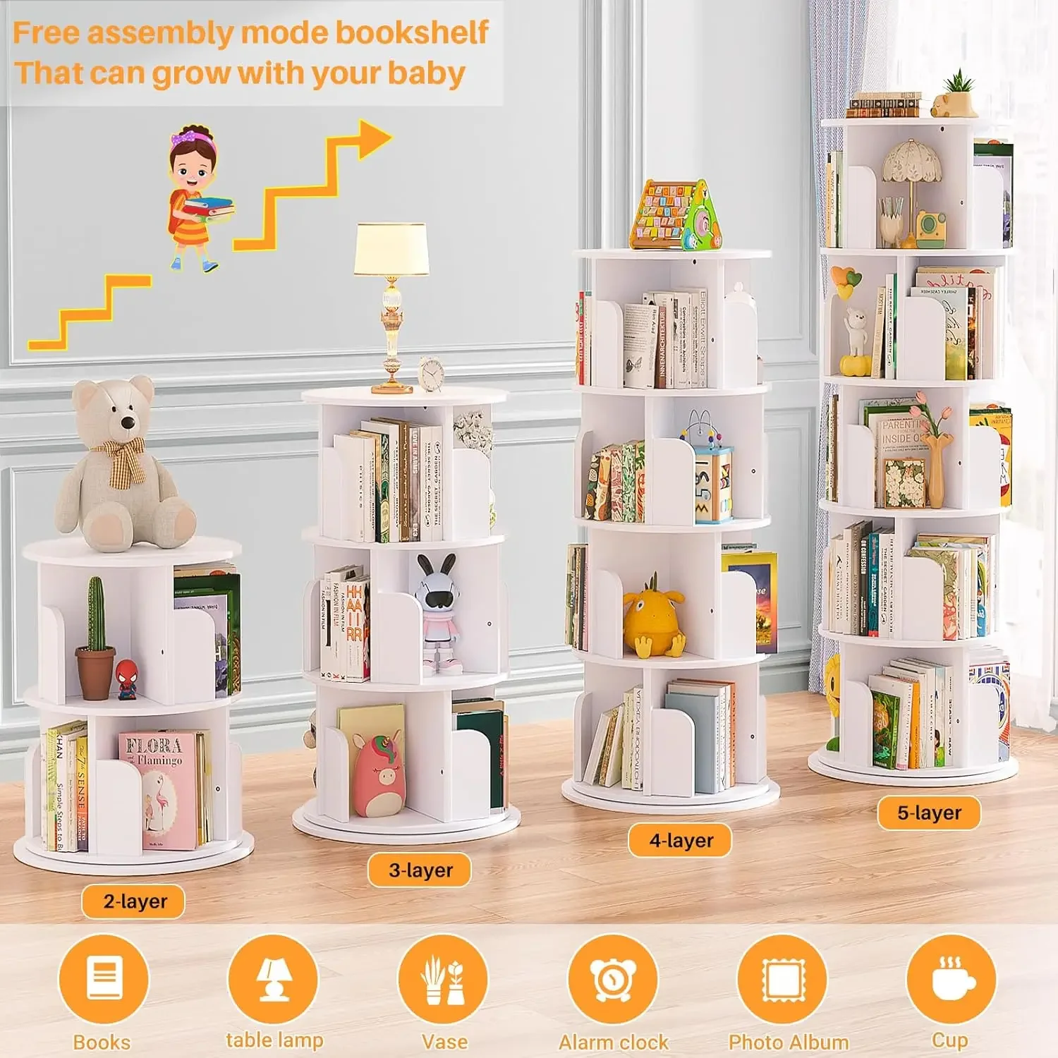 Rotating Bookshelf, 360 Display Wood Spinning Bookshelf Tower, 5 Tier Floor Standing Bookcase Storage Rack, Revolving Bookcase C