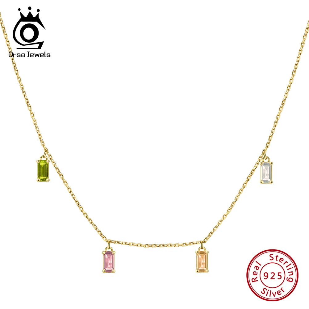 

ORSA JEWELS 14K Gold Clear CZ Pendants Necklace 925 Silver Fashion Colorful Zirconia Choker Chain Dainty Neck Jewelry Gift EQN38