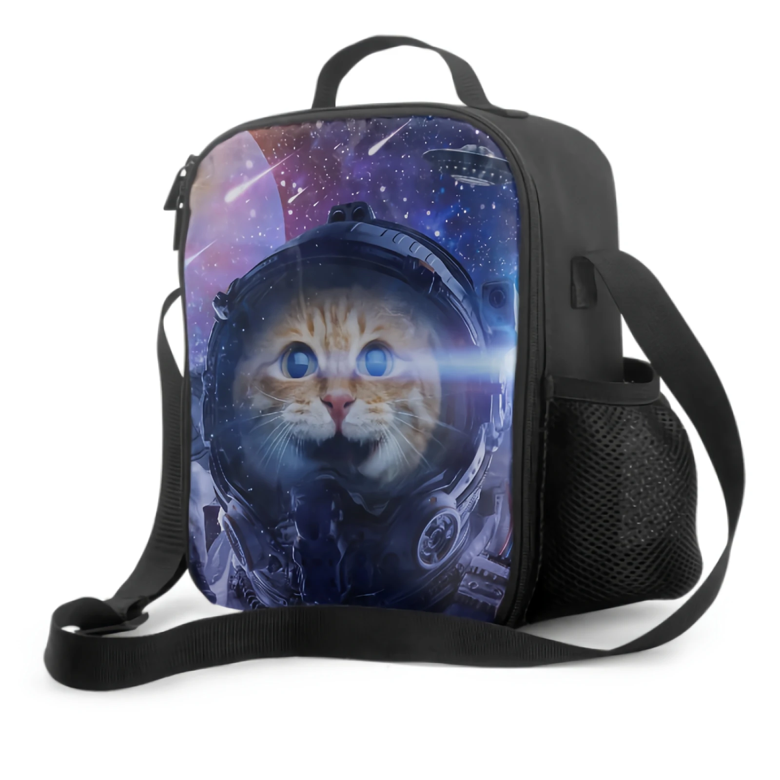 Cat Travel In Fantasy Galaxy Insulated Lunch Box Kitten Spaceman In Outer Space Tote Bag Food Container for Boys Girls School