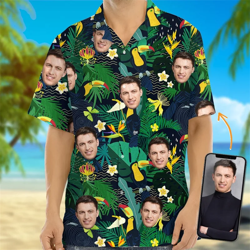 

Custom Photo Face Hawaiian Shirt Men Women Tropical Leaf Bird Print Short Sleeve Personalized Face Casual Beach Top Men's Shirts