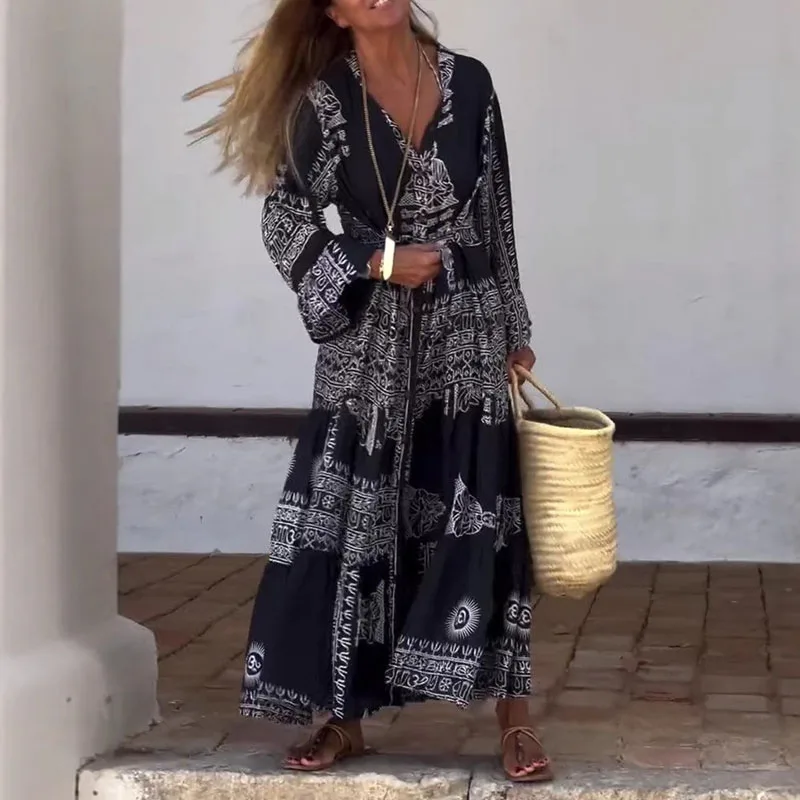 Woman V Neck Single Breasted Loose Boho Dress Spring Pattern Print Ethnic Vintage Dress Autumn Long Sleeve Belted Vacation Dress
