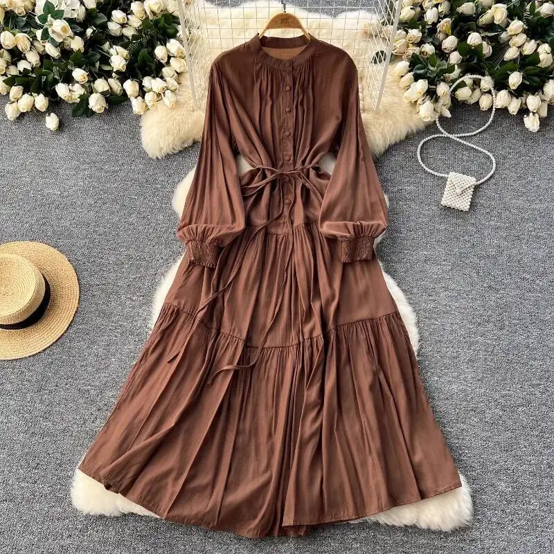 

BabYoung Elegant Vintage Single Breasted Dress For Women Lace Up Slim Waist Dresses Summer New Long Sleeve Loose Vestidos Mujer