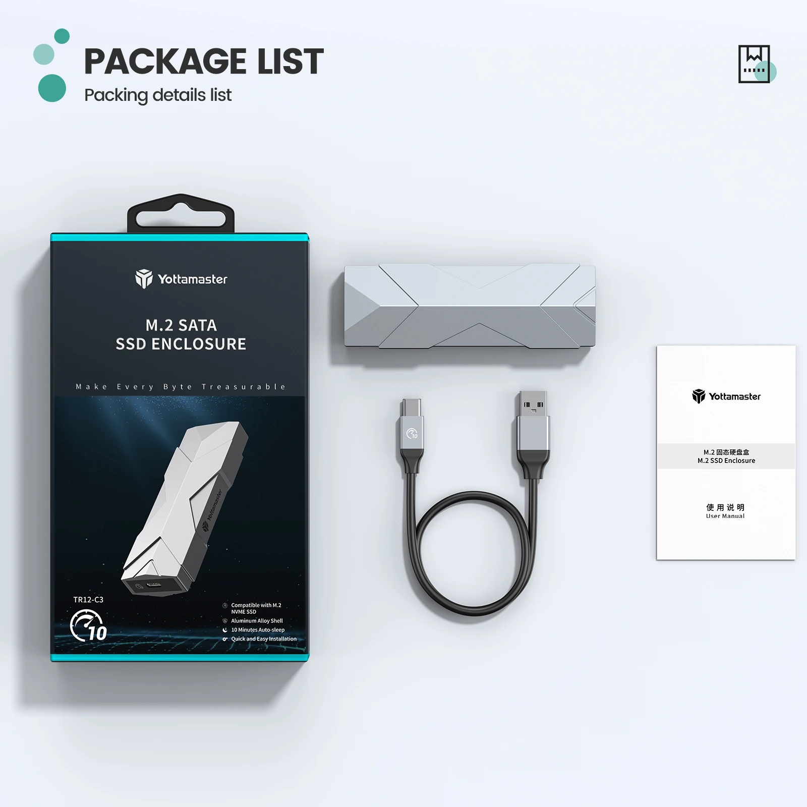 Yottamaster 10Gpbs NVMe Enclosure 6Gpbs SATA SSD Case Type C USB3.1 Gen2 M.2 NVMe PCIE External Hard Drive Enclosure Storage Box