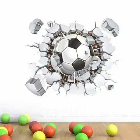 

Kids Room Home Decoration Soccer Mural Art 3D Broken Hole Football Wall Stickers Boys Wall Decal PVC Poster