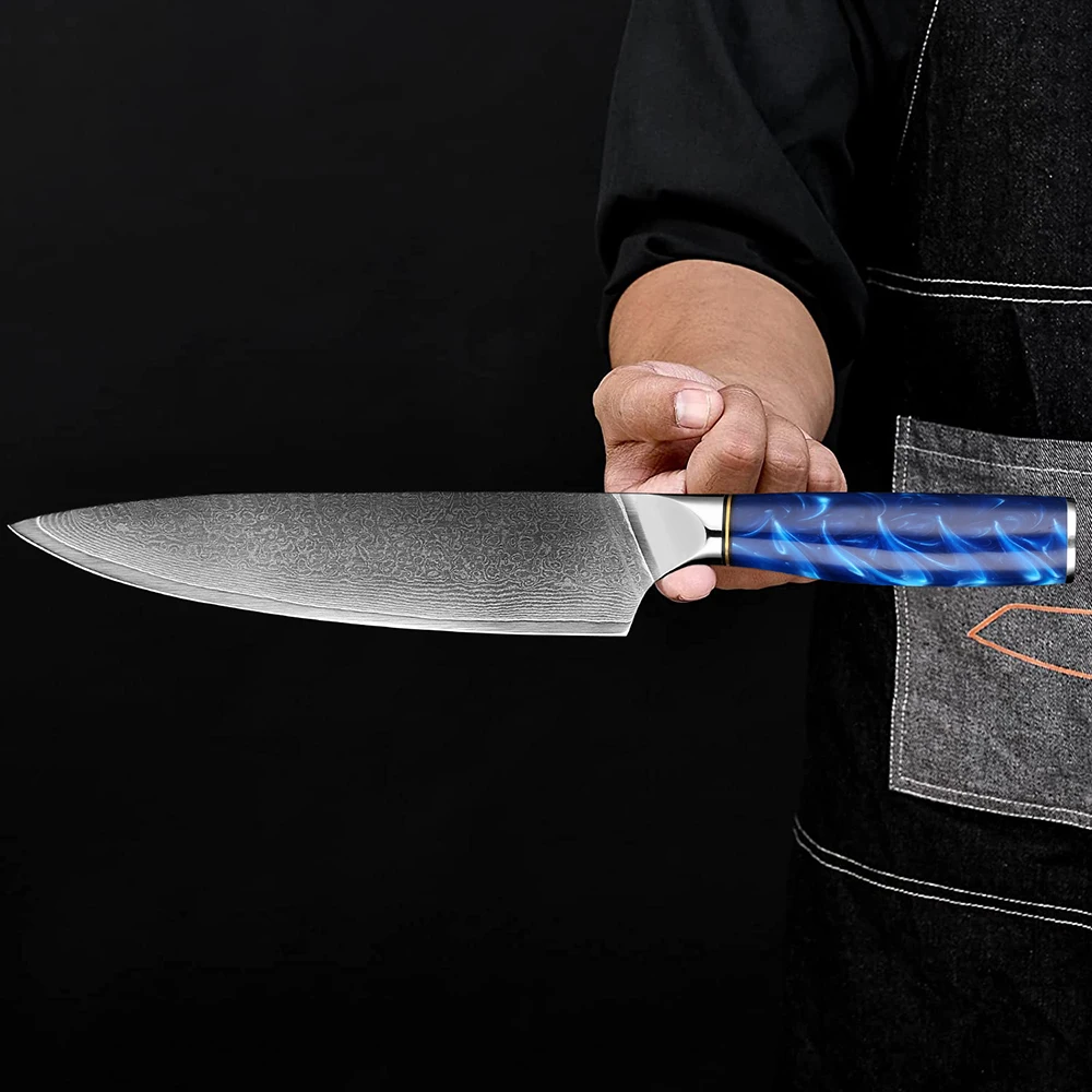 Damascus Chef Knife 8 Inch Sharp Kitchen Knife Japanese Damascus Steel Knives Meat, Fish & Vegetable Knife Blue Resin Handle