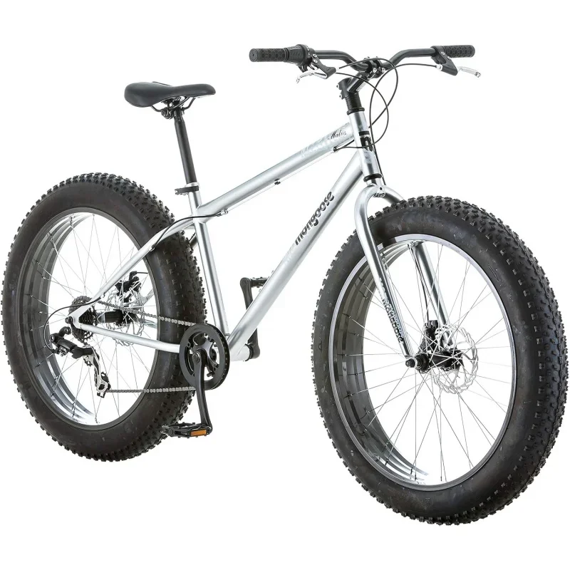 Malus mens and women fat tire mountain bike, 26-inch bicycle wheels, 4-inch wide knobby tires, steel frame, 7 speed drivetrain,