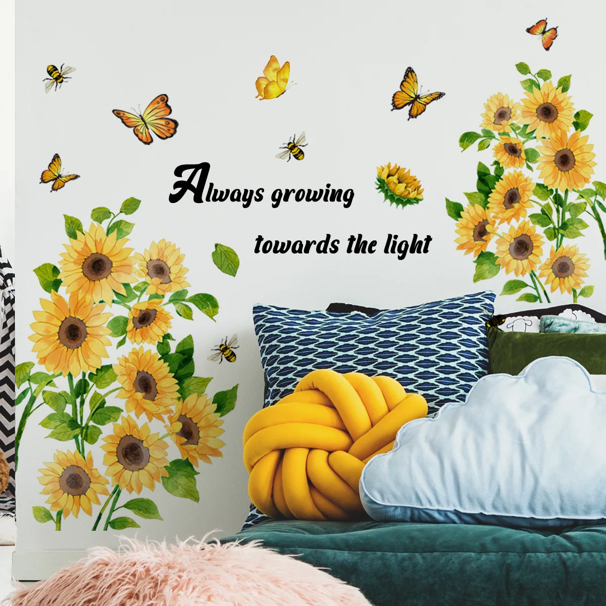 30*90cm English Slogan Sunflower Butterfly Wall Stickers Plant Background Wall Living Room Room Decoration Mural Wall Stickers