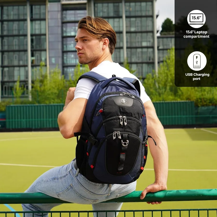 حقيبة ظهر للكمبيوتر المحمول بتصميم Swissdigital مع منفذ شحن USB حقيبة ظهر للسفر تناسب حقيبة ظهر مدرسية جامعية مقاس 15.6 بوصة للكمبيوتر 31 لتر