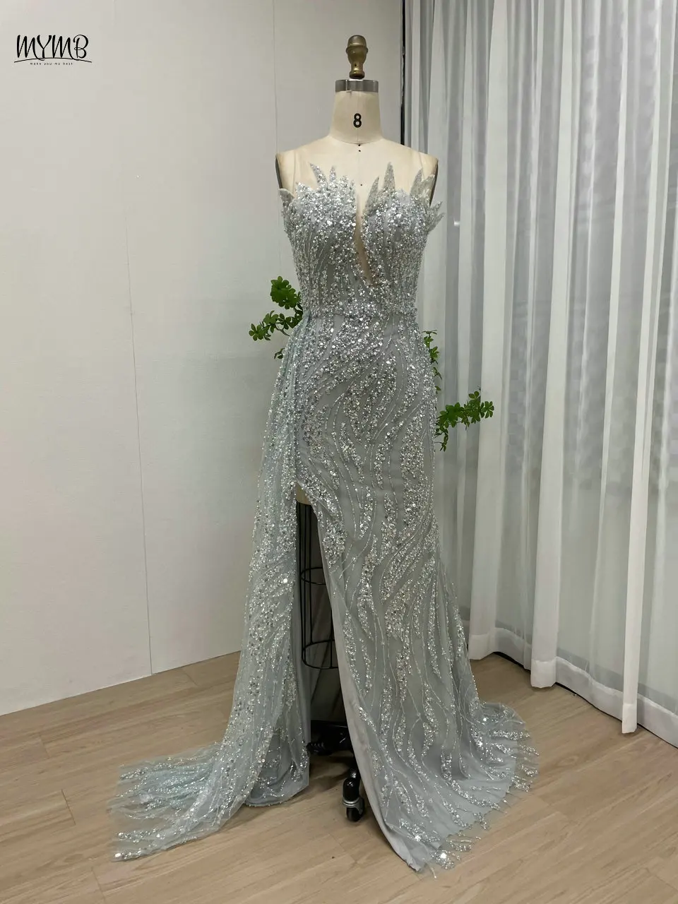 MYMB 신상 독점 화이트 스트랩리스 튤 롱 웨딩 파티 드레스 아랍 럭셔리 비즈 장식 머메이드 슬릿 프롬 파티 가운 (여성용)