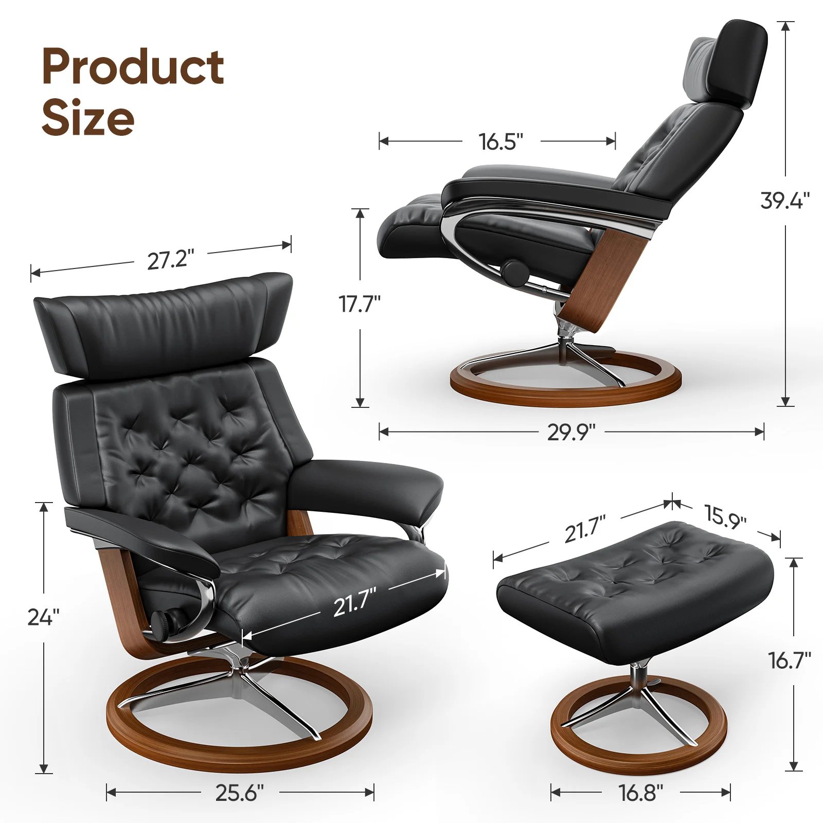 كرسي دوار خلفي قابل للتعديل مع كراسي استرخاء من الجلد الطبيعي المريح والعثماني لغرفة النوم وغرفة المعيشة