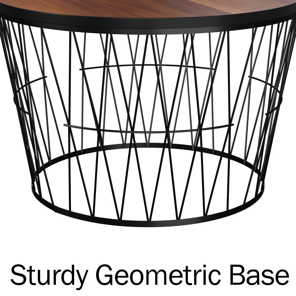 Modern Round Coffee Table MDF Wood Top with Geometric Metal Base Compact Accent Table Small Spaces Living Room Office