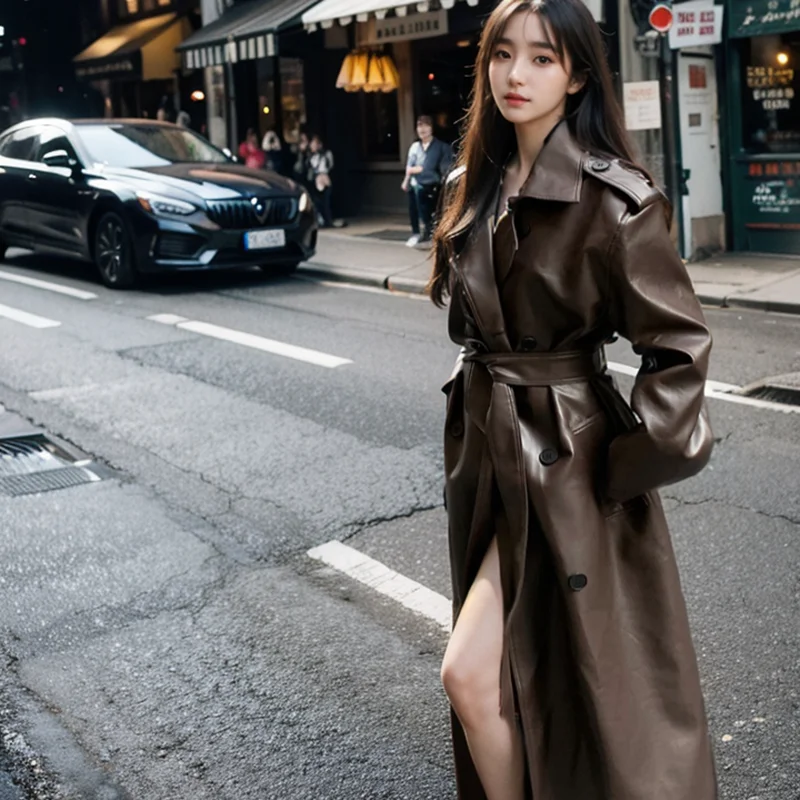 Trench in pelle vintage donna autunno nuovo doppio petto colletto rovesciato cappotti lunghi tinta unita cappotto da donna streetwear