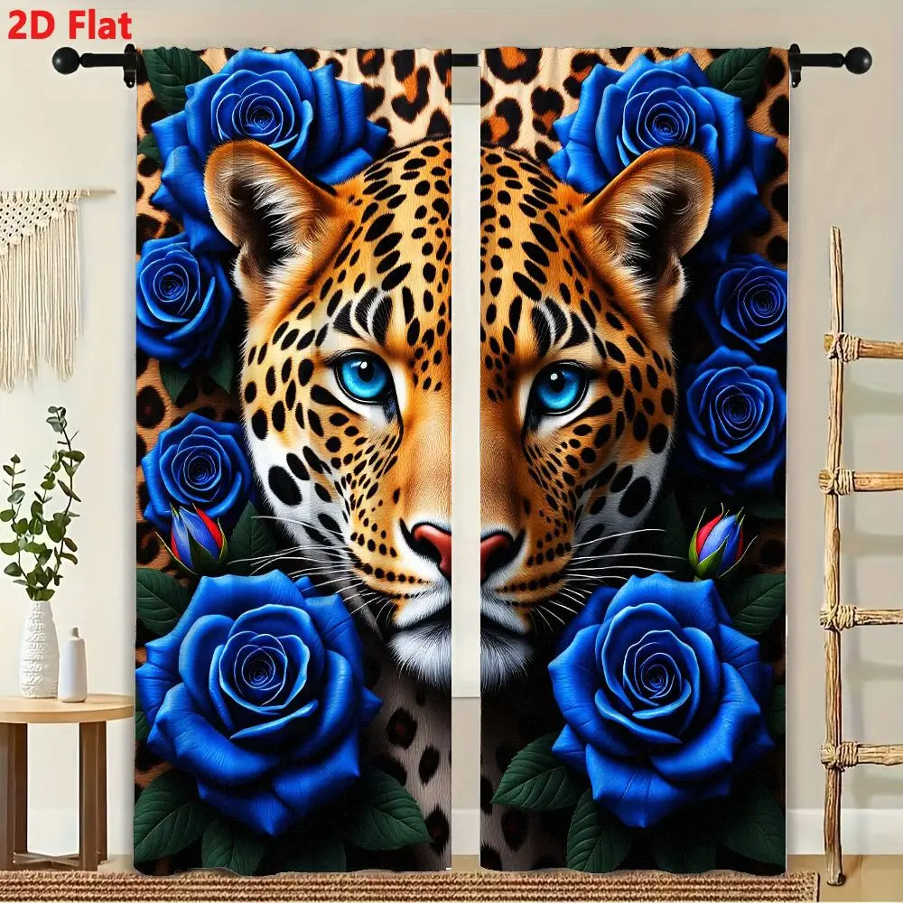 2Pcs Curtain Leopard Green Leaf Blue Rose Window Drapes For Bedroom Living Room Decoration Window Treatment.