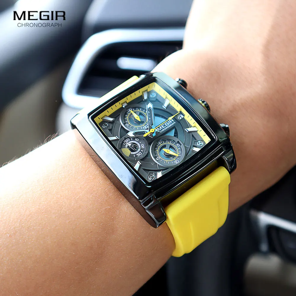 MEGIR Military Sport Yellow Watch for Men Fashion Rectangle Chronograph Quartz Wristwatch with Luminous Hands Date Silicone Band