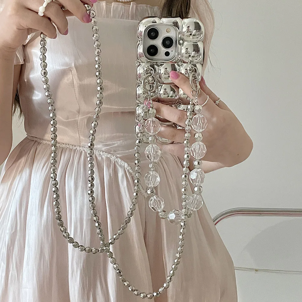 Luxury Plating Silver Crossbody Chain Lanyard 3D Egg Puffs Lattice Folds Phone Case For iPhone 14 13 11 12 Pro Max Bumper Cover