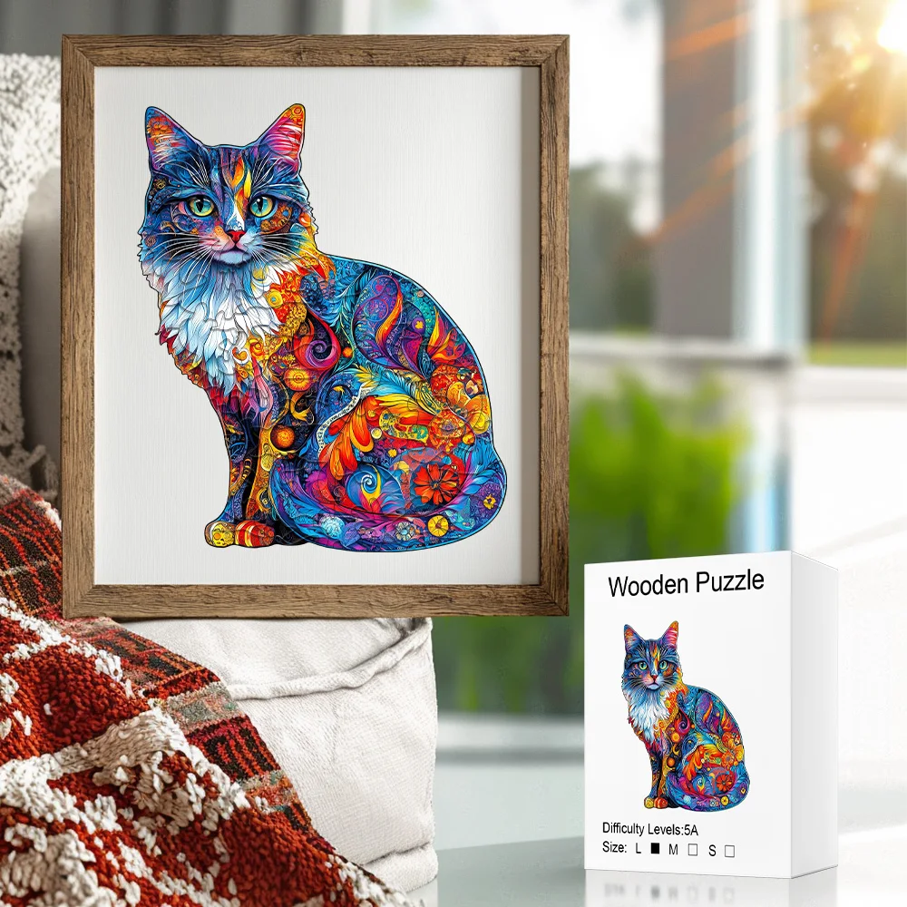 

Colorful Cat Wooden Puzzle For Adults - 4.5 Star Difficulty Jigsaw, Perfect Home Decor & Family Game Gift