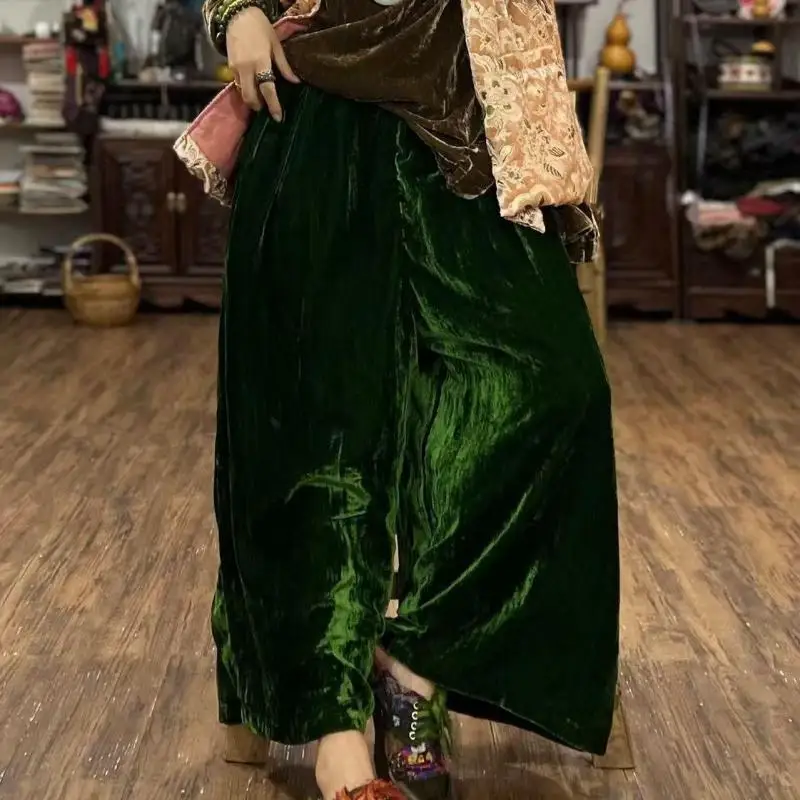 Autumn Arts Style Women Elastic Waist Loose Casual Ankle-length Pants High Quality Vintage Double-deck Flannel Wide Leg Pants
