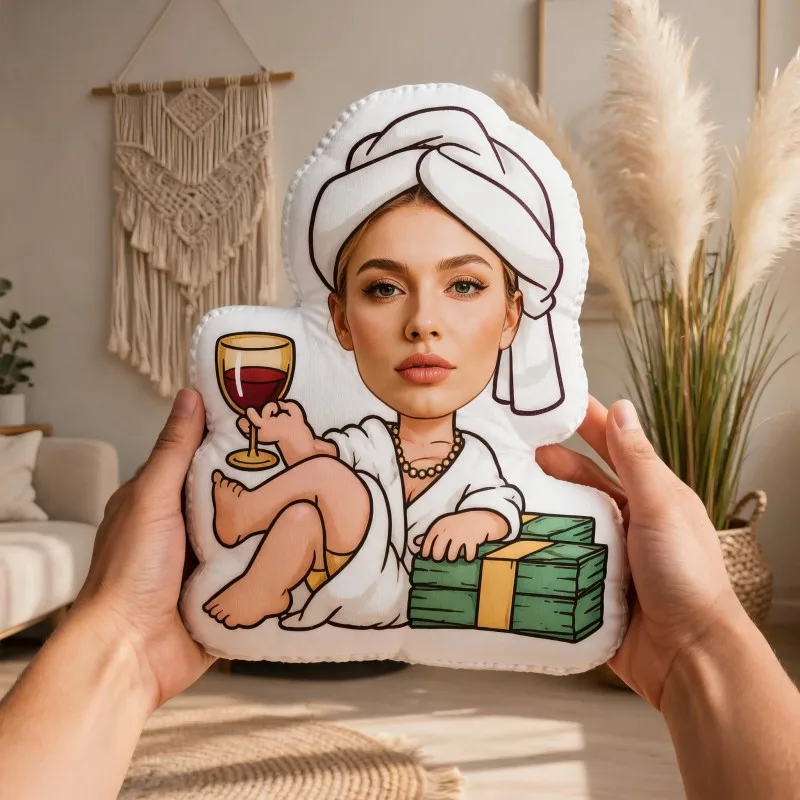 Custom Face Funny Shaped Pillow, Woman in Robe Holding Wine And Cash Custom Photo Decorative Cushion, Unique Home Decor Accent f