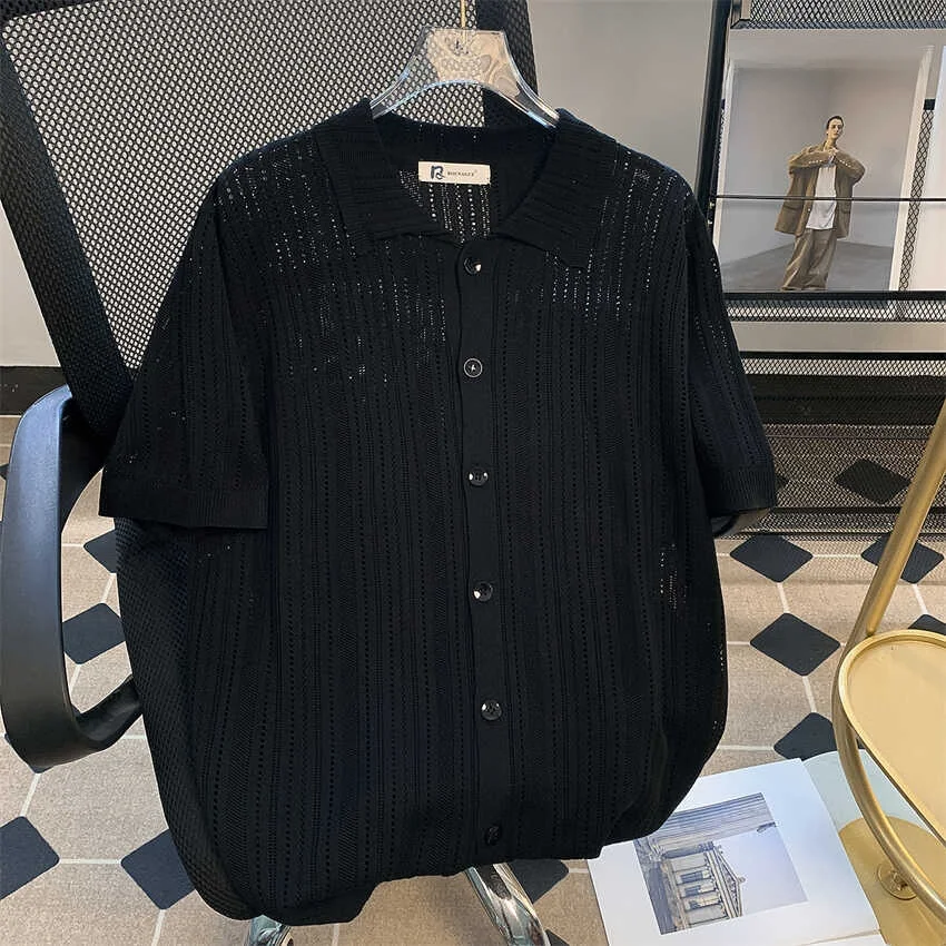 

Ice Silk Hollow Knitted irt Men's Summer High-End Feel Collar Cool Breathable ort Sve Open Cardigan Outerwear