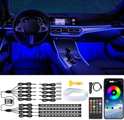 

9-in-1 RGB Car LED Lights with App & Remote Control – Under Dash & Fiber Optic Ambient Lighting, Music Sync
