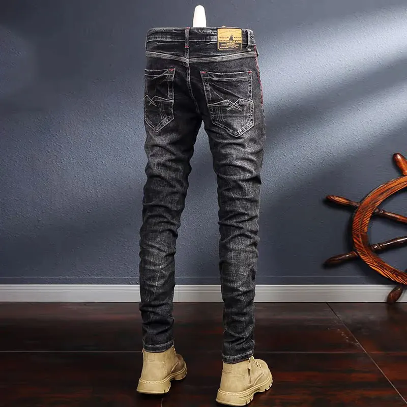 

Designer Fashion Men Jeans Retro Black Gray Stretch Slim Fit Ripped Jeans Men Italian Style Y2K Vintage Denim Pants Hombre