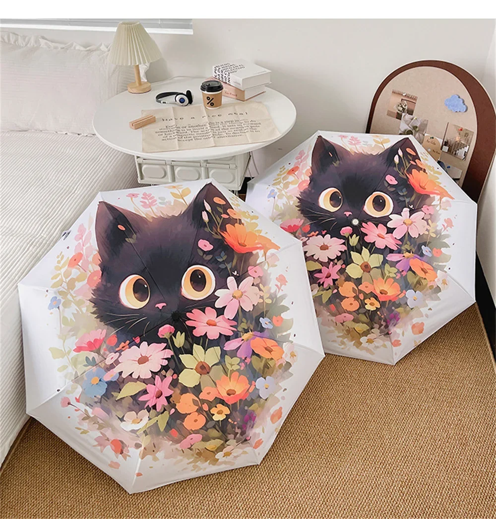 Flower Kitten Cartoon Folding Umbrella Sun Protection UV Protection Female Sun Umbrella Automatic Umbrella Portable Umbrella