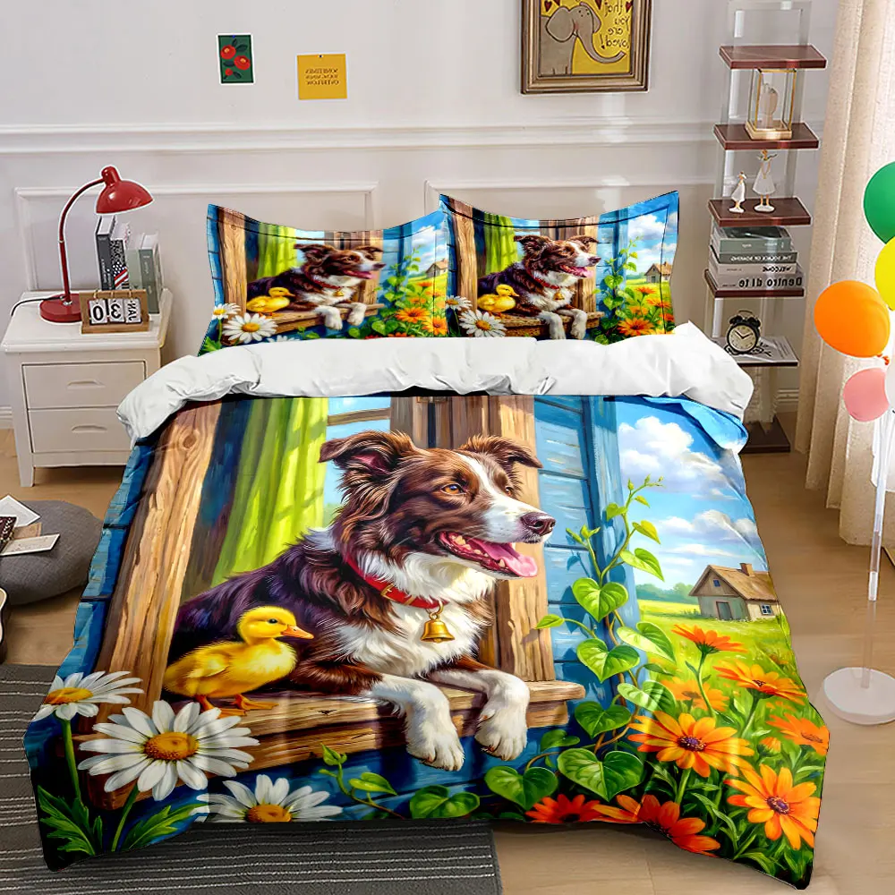 Countryside dog duck flowers meadow windowsill Print Bedding Set 1 Duvet Cover 2 Pillowcases for Adult and Children Luxury Gift