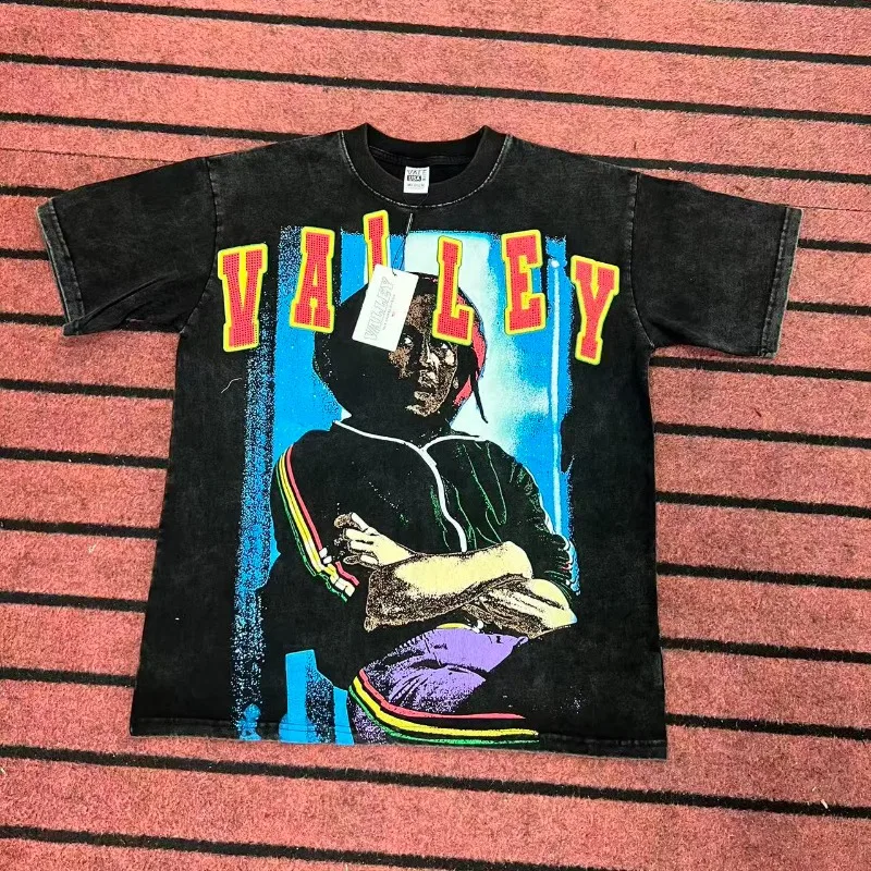 

VALLEY Черные потертые футболки для мужчин и женщин, американская уличная одежда Vale, большие размеры с короткими рукавами