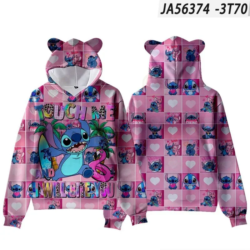 Dis Stitch Desenhos Animados Jaqueta Tops para Homens e Mulheres, Hoodies de Orelha Gato Kawaii, Anime Japão 3D Hoodie, Moletom Harajuku