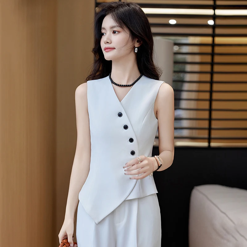 NAVIU Women Fashion Vest New Spring Summer Black White Gray V Neck Single Breasted Irregular Vest Tops Casual Sleevesses Coat