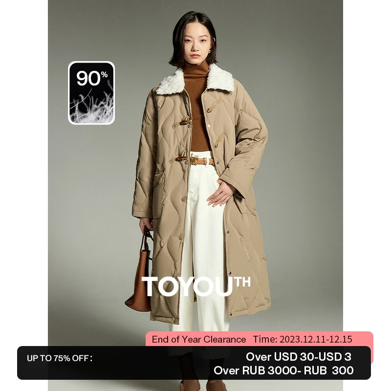 Toyouth Women Long Down Jacket 2024 Winter Plush Lapel Loose Thick Coat Horn Button Fashion Versatile Khaki Black Overcoat