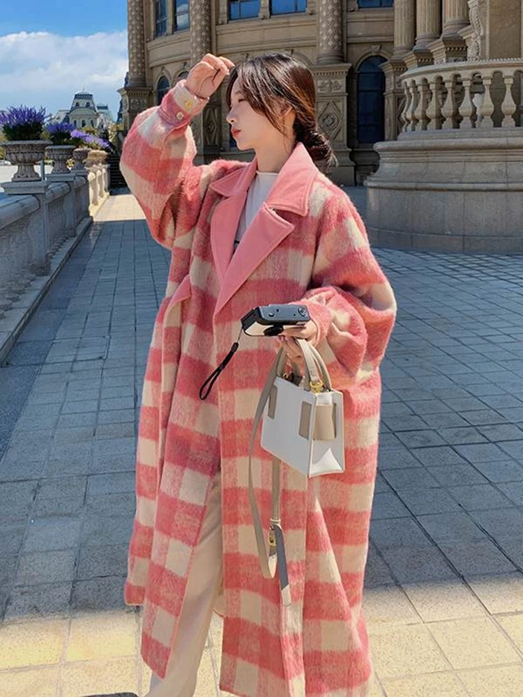 Winter Woman Woolen Coat Pink Plaid Color Block With Sashes Vintage Style Lapel Collar Loose Jackets 2023 Autumn Fashion