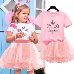 The Aristocats Marie Cat Summer Girls Outfits Cartoon T-shirt Tutu Skirt Princess Clothes Suit Children Party Clothing Set