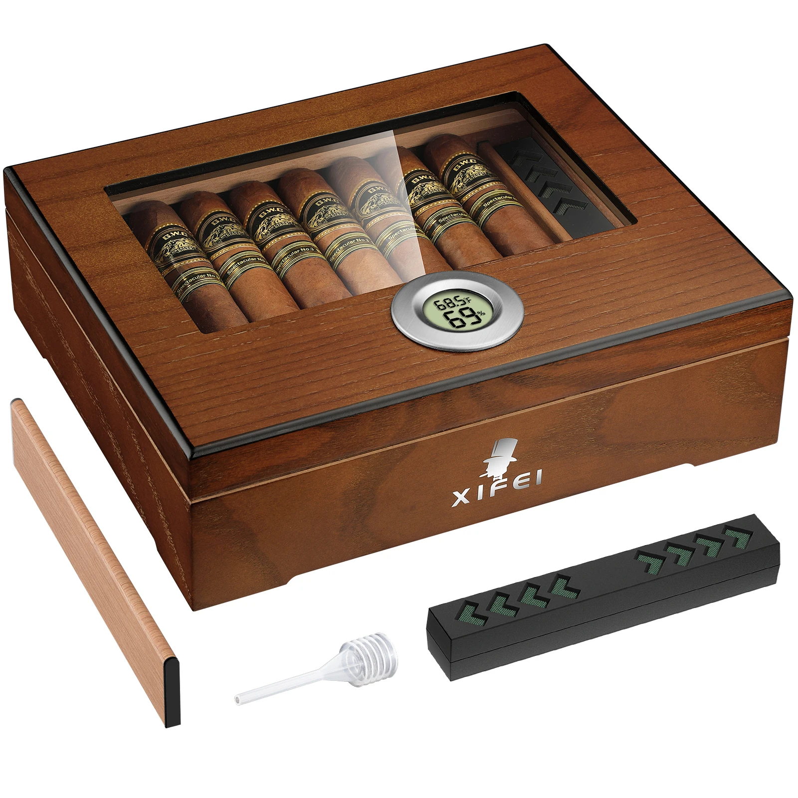 Cigar Humidor, Cedar Wood Desktop Humidors Case with Digital Hygrometer, Humidifier & Divider, Cigar Gift for Men, Glass Top Box