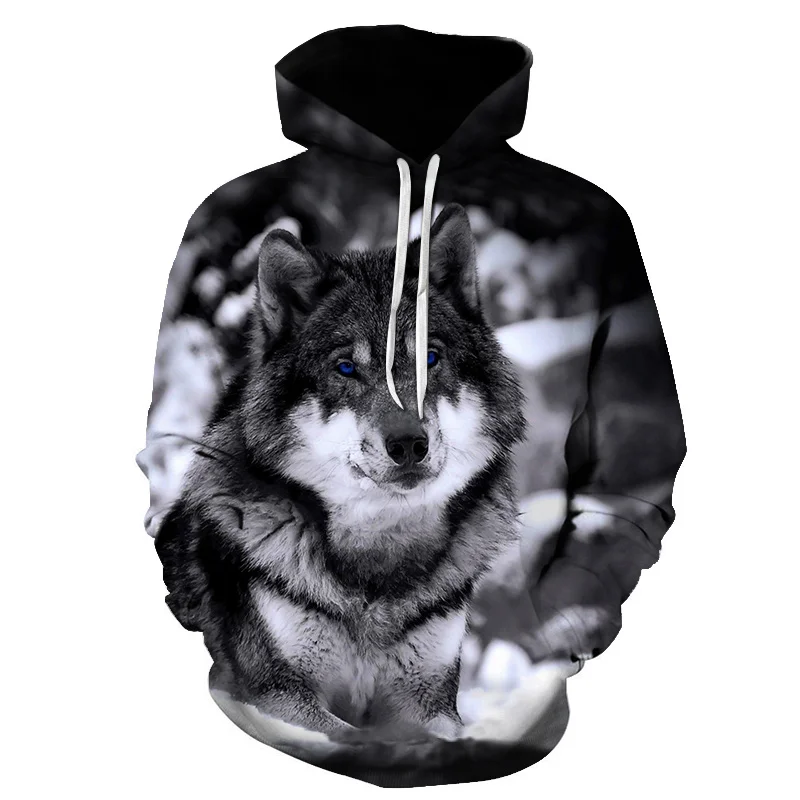 Spring and Autumn Men's Junior Wolf Hoodie Fashion 3D Printing Loose Streetwear 2021 Funny Animal Street Hip Hop Sweatshirt view 2