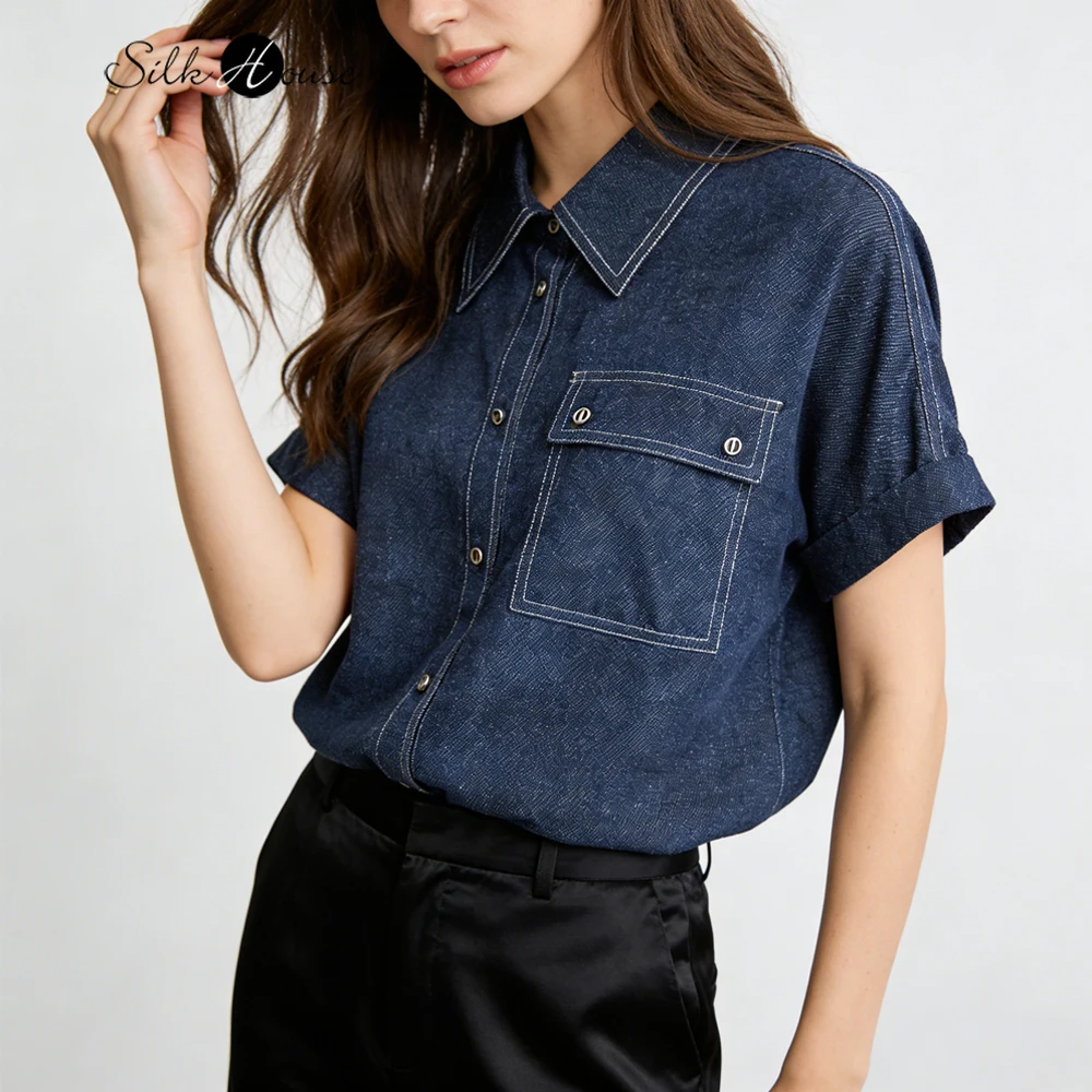 

Premium 19MM 100% Natural Mulberry Silk Crepe De Chine Imitation Denim Versatile Women's Fashionable Short Sleeved Shirt