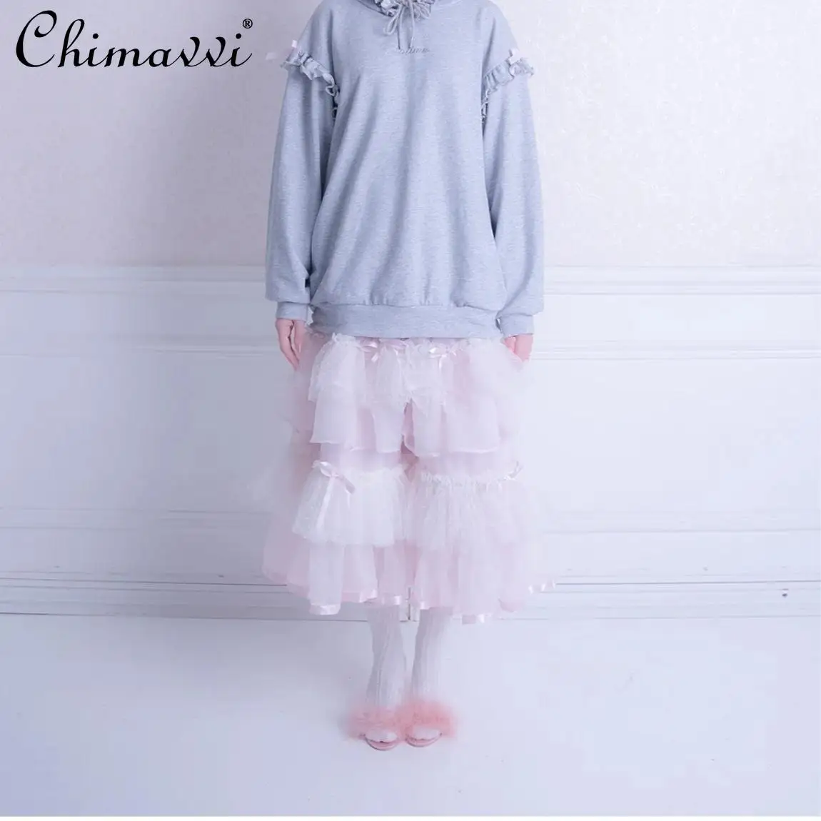 Japanese Sweet Cute Girl Hooded Sweatshirt Autumn and Winter New Fashion Long-sleeved Ruffle Edge Splicing Bow Loose Hoodies Top