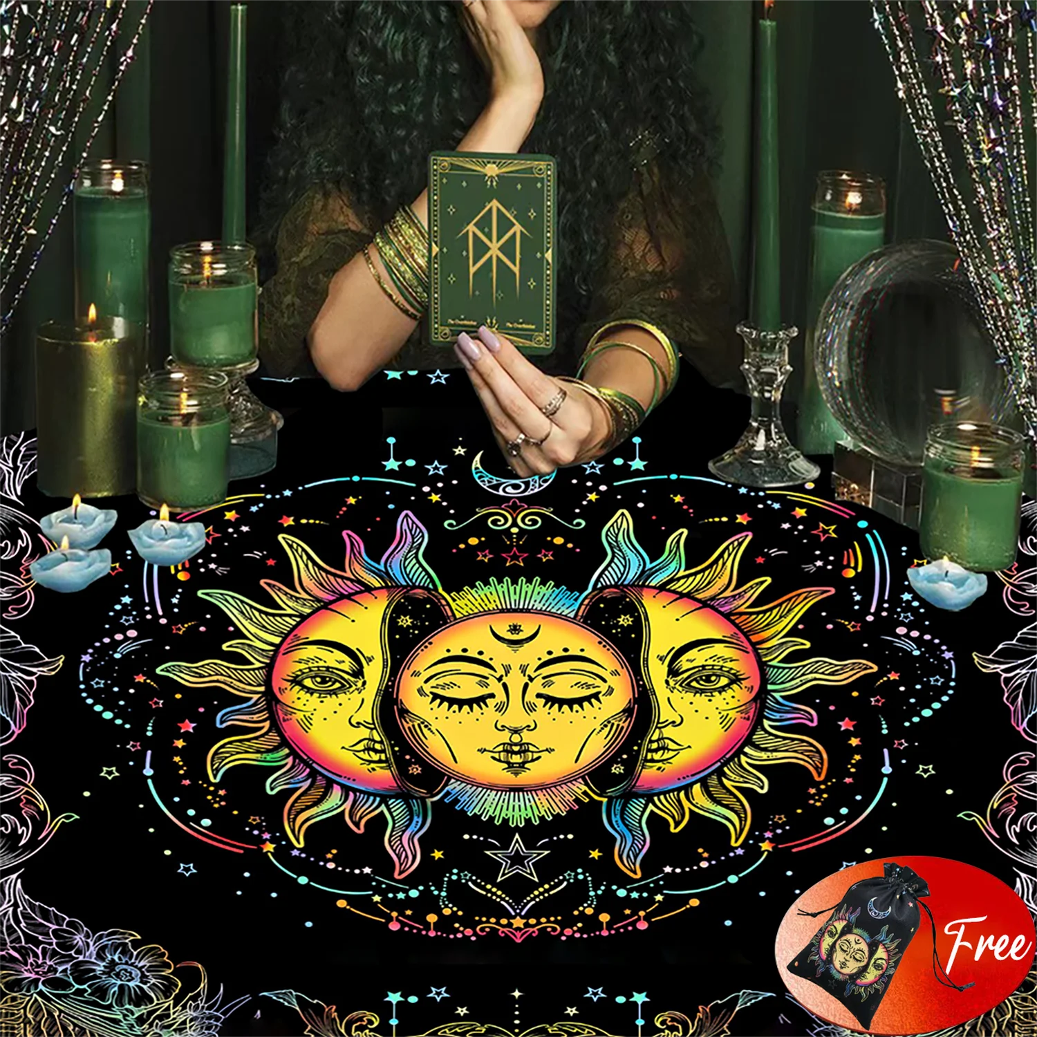 (Free Bag)1pc 29x29In Altar Tarot Card Tablecloth Sun Divination Tarots Game Tablecloth Board Playing Card Mat Velvet Tarots Bag