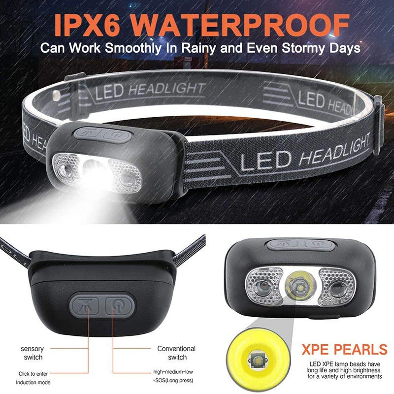 LED Headlamp Body Motion Sensor Headlight With USB charging 500 Lumens Camping Flashlight Head Light Torch Lamp for Fishing