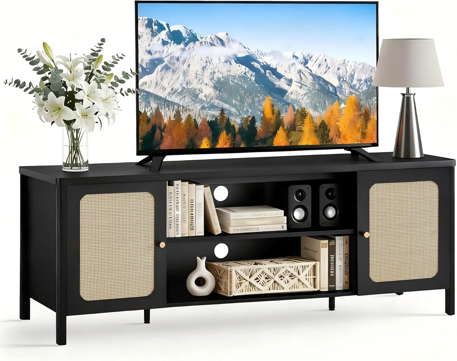 Rattan TV Stand for TVs up to 75'' Boho Entertainment Center with Adjustable Shelf Television Stand with 2 Storage Cabin
