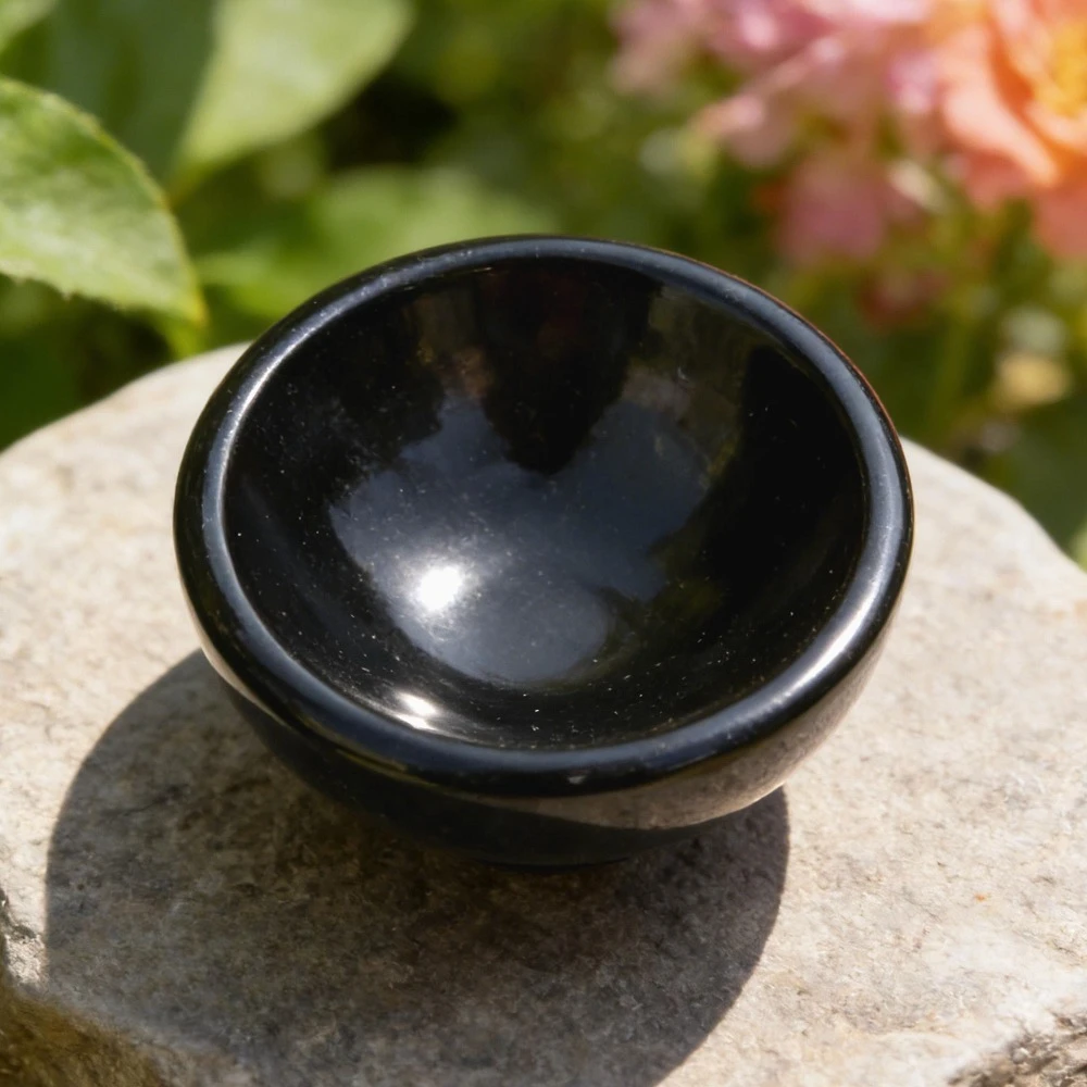 1Pc Natural Black Obsidian Bowl-Shaped Stone Glossy Finish Elegant Style Smooth Craftsmanship Not