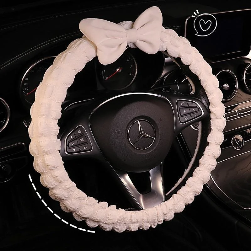 Cute Cartoon Car Steering Wheel Cover For Women Puff Bowknot Universal Anti Slip Handlebar Cover Girls Interior Accessories