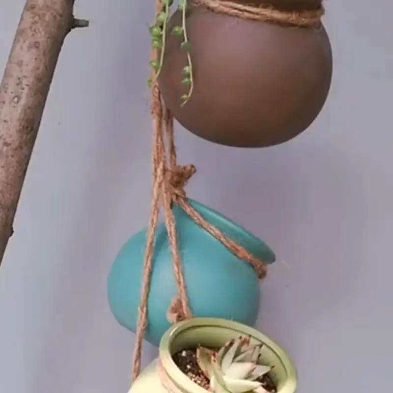 H8WB Ceramic Hanging Plant Holder with Rope Hanging Planter Pot with Drainage Hole Dangling Hanging Mini Flower Pot Gift